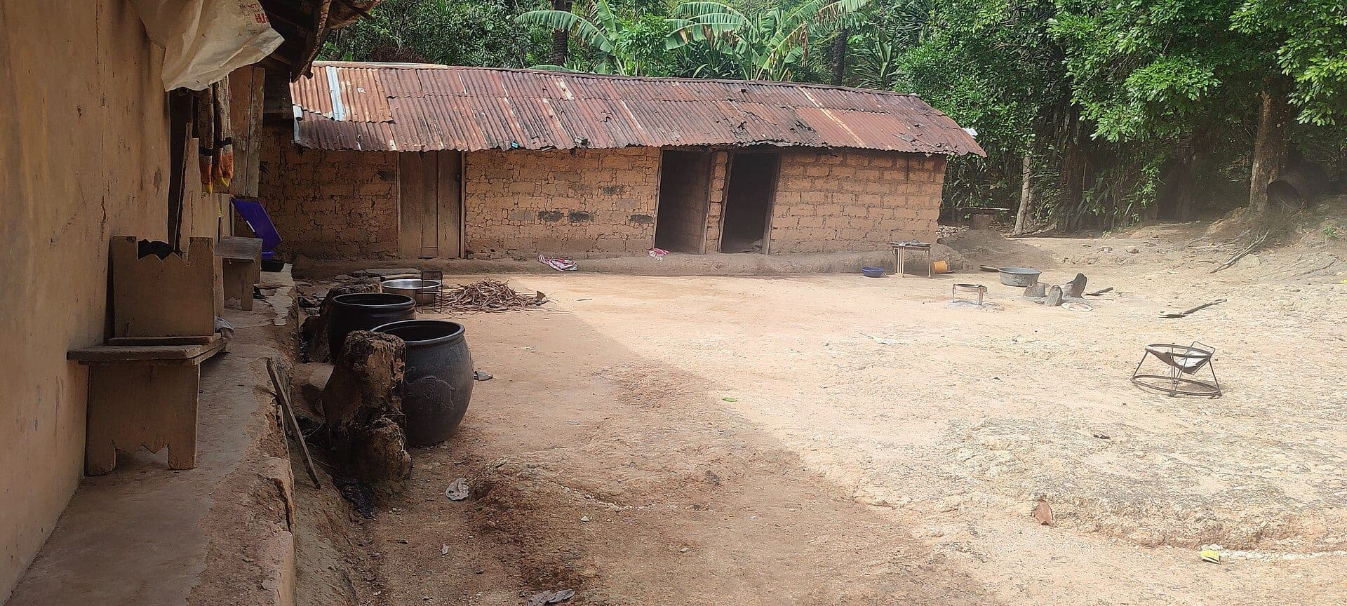 A village compound with mud-brick houses and zinc roofs around a swept yard